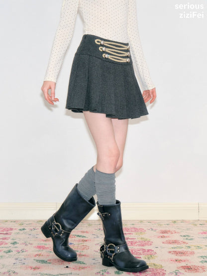 Vintage High-Waisted Slimming Double-Breasted Dark Gray Academy-Pleated Short Skirt【s0000018796】