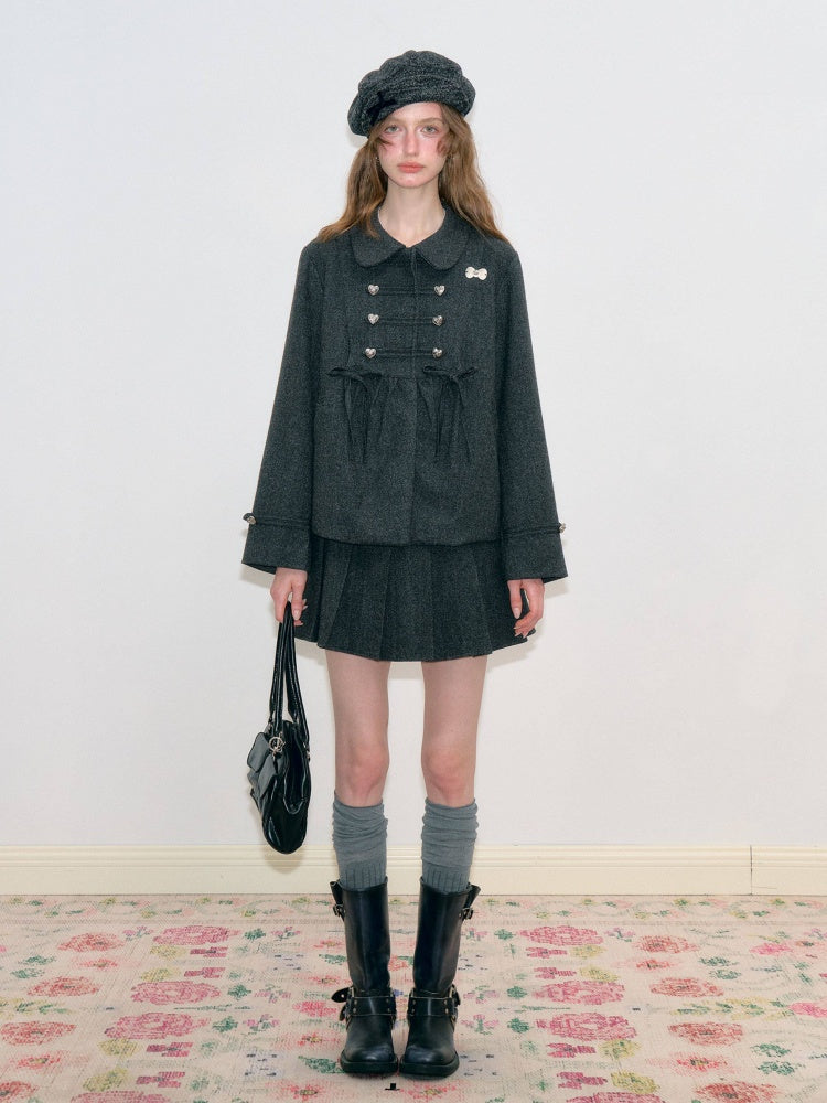 Vintage High-Waisted Slimming Double-Breasted Dark Gray Academy-Pleated Short Skirt【s0000018796】
