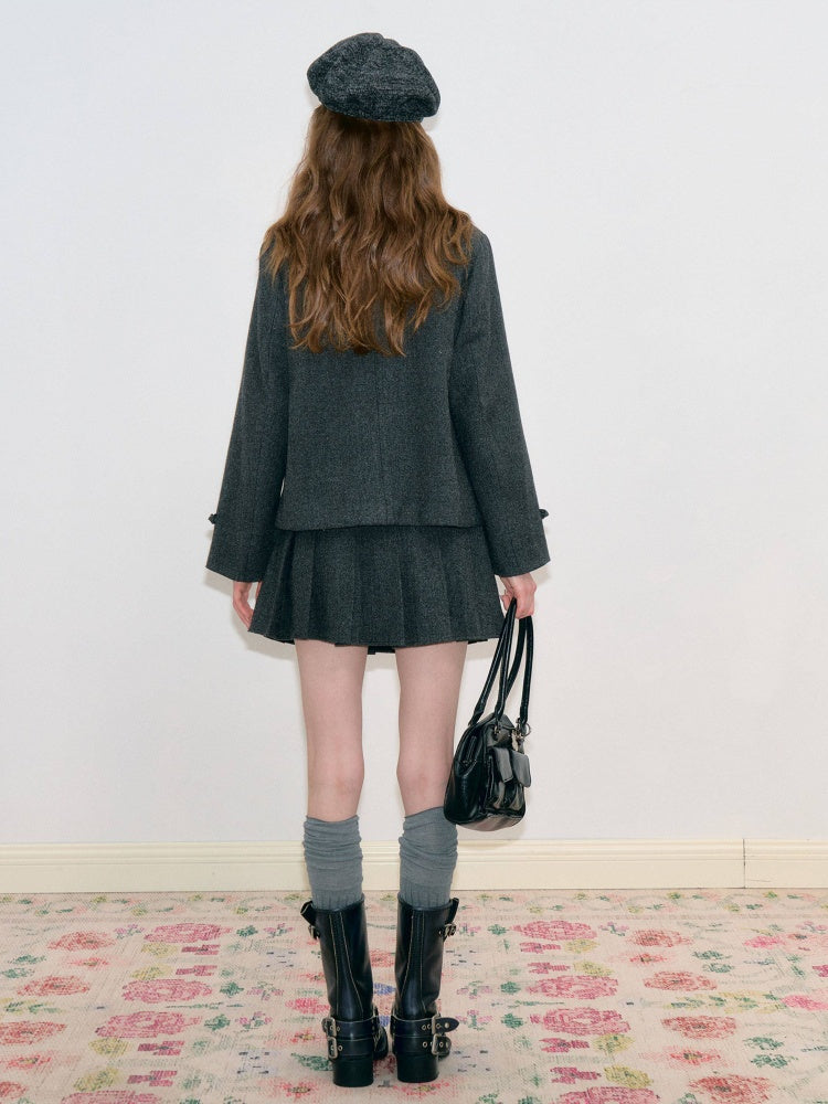 Vintage High-Waisted Slimming Double-Breasted Dark Gray Academy-Pleated Short Skirt【s0000018796】