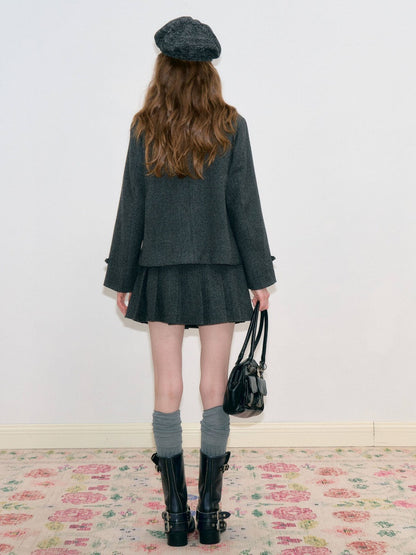 Vintage High-Waisted Slimming Double-Breasted Dark Gray Academy-Pleated Short Skirt【s0000018796】