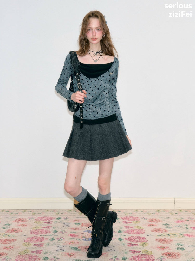 Vintage High-Waisted Slimming Double-Breasted Dark Gray Academy-Pleated Short Skirt【s0000018796】