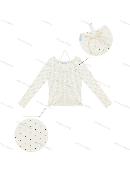 Polka Dot V-Neck Halter Bow Slim-fit Apricot Base Knitted Top【s0000018798】