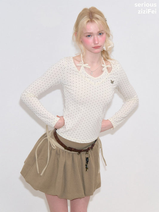 Polka Dot V-Neck Halter Bow Slim-fit Apricot Base Knitted Top【s0000018798】