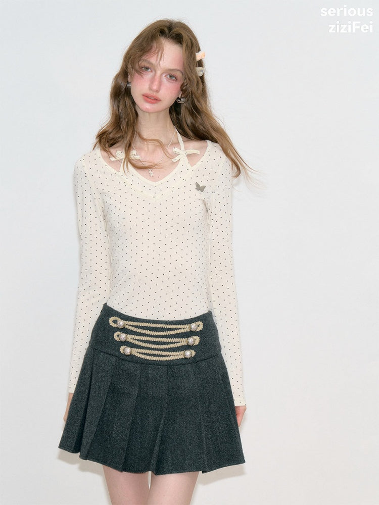 Polka Dot V-Neck Halter Bow Slim-fit Apricot Base Knitted Top【s0000018798】