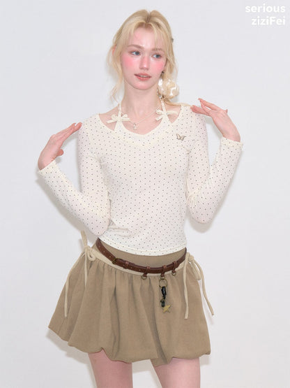 Polka Dot V-Neck Halter Bow Slim-fit Apricot Base Knitted Top【s0000018798】
