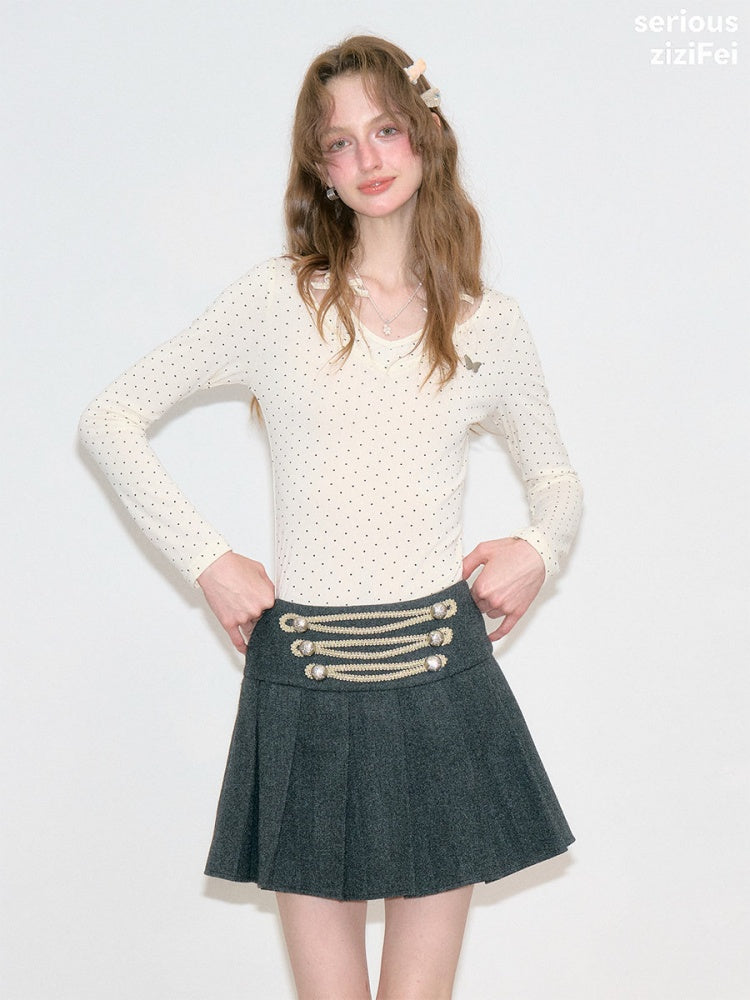 Polka Dot V-Neck Halter Bow Slim-fit Apricot Base Knitted Top【s0000018798】