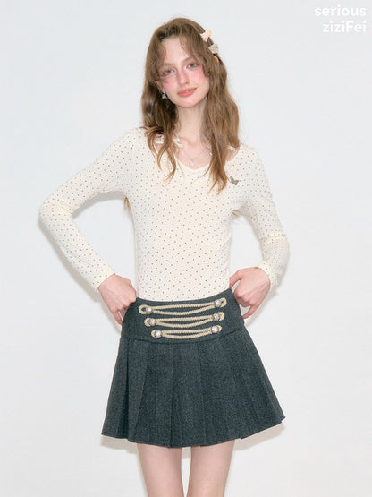 Polka Dot V-Neck Halter Bow Slim-fit Apricot Base Knitted Top【s0000018798】