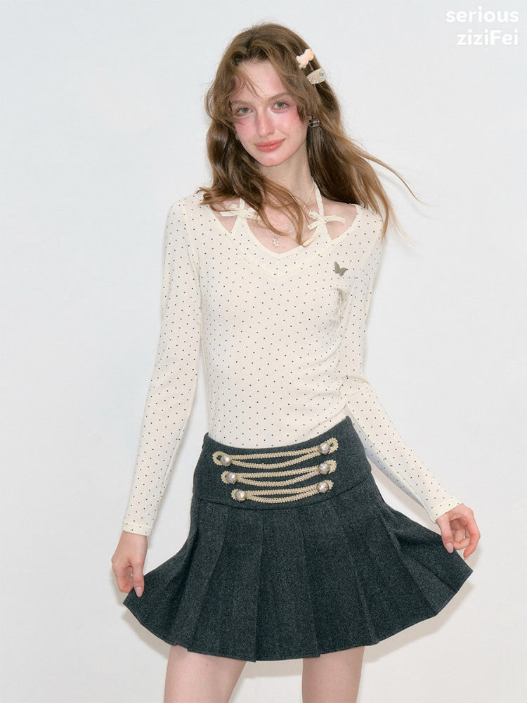 Polka Dot V-Neck Halter Bow Slim-fit Apricot Base Knitted Top【s0000018798】