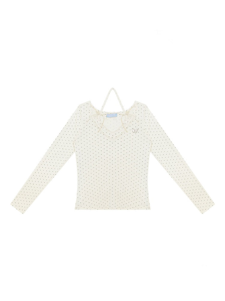 Polka Dot V-Neck Halter Bow Slim-fit Apricot Base Knitted Top【s0000018798】