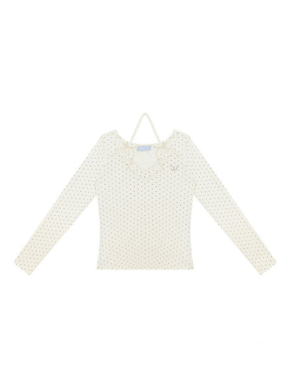 Polka Dot V-Neck Halter Bow Slim-fit Apricot Base Knitted Top【s0000018798】