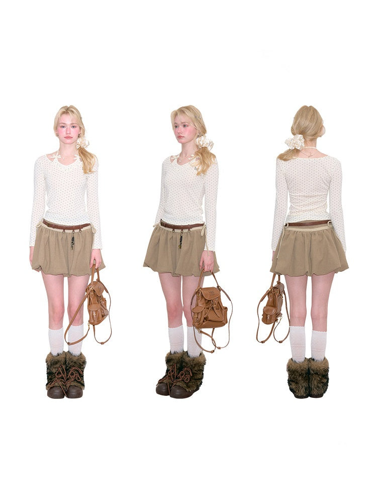 Polka Dot V-Neck Halter Bow Slim-fit Apricot Base Knitted Top【s0000018798】