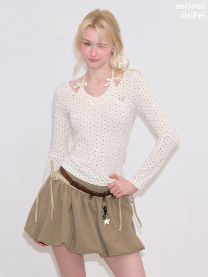 Polka Dot V-Neck Halter Bow Slim-fit Apricot Base Knitted Top【s0000018798】