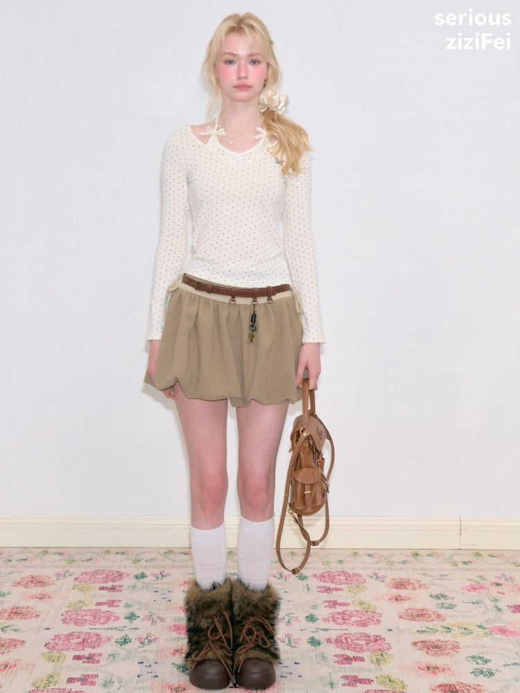 Polka Dot V-Neck Halter Bow Slim-fit Apricot Base Knitted Top【s0000018798】