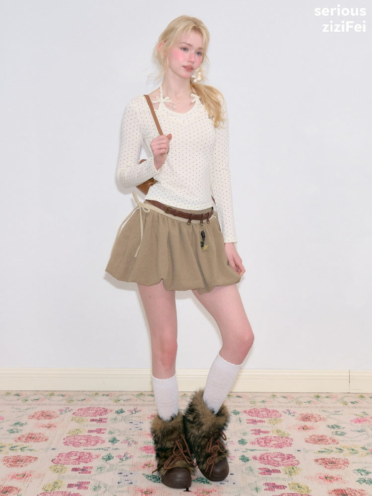 Polka Dot V-Neck Halter Bow Slim-fit Apricot Base Knitted Top【s0000018798】