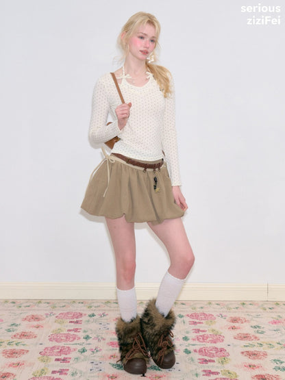 Polka Dot V-Neck Halter Bow Slim-fit Apricot Base Knitted Top【s0000018798】