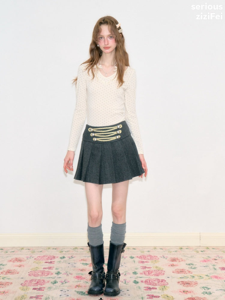 Polka Dot V-Neck Halter Bow Slim-fit Apricot Base Knitted Top【s0000018798】