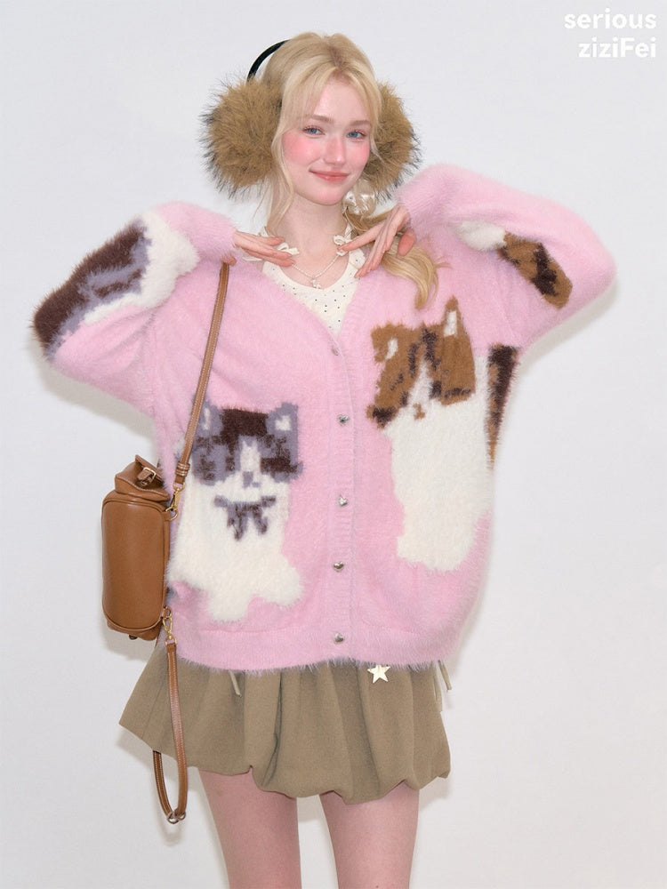 Cat Pink Warm Soft Knit Sweater Cardigan【s0000018799】