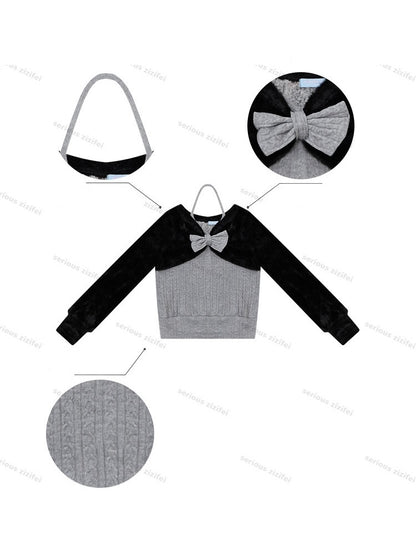 Color-Blocking Patchwork Halter Bow Black-Gray Knit Sweater【s0000018800】