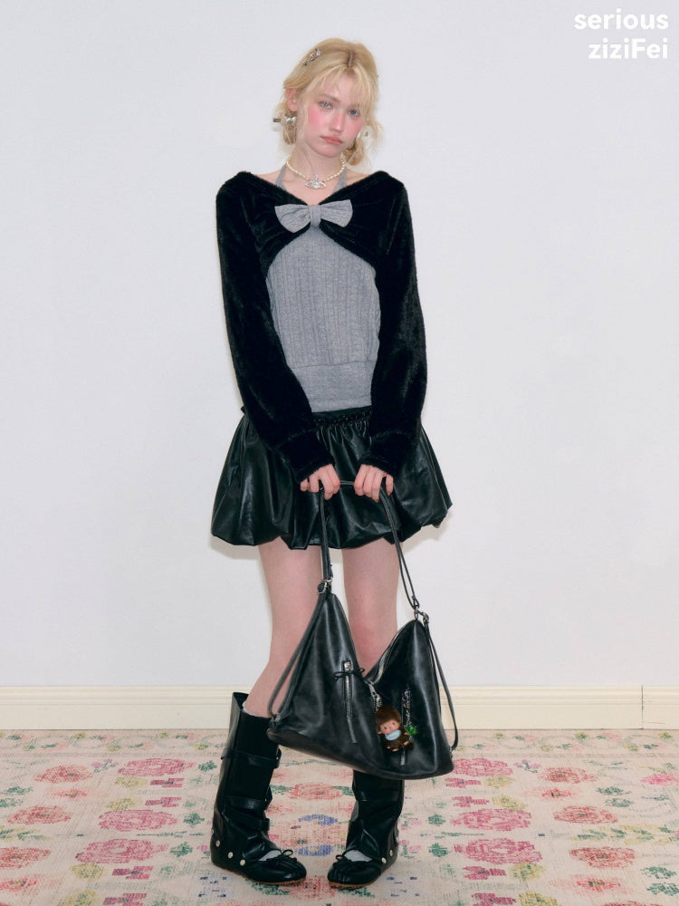 Color-Blocking Patchwork Halter Bow Black-Gray Knit Sweater【s0000018800】