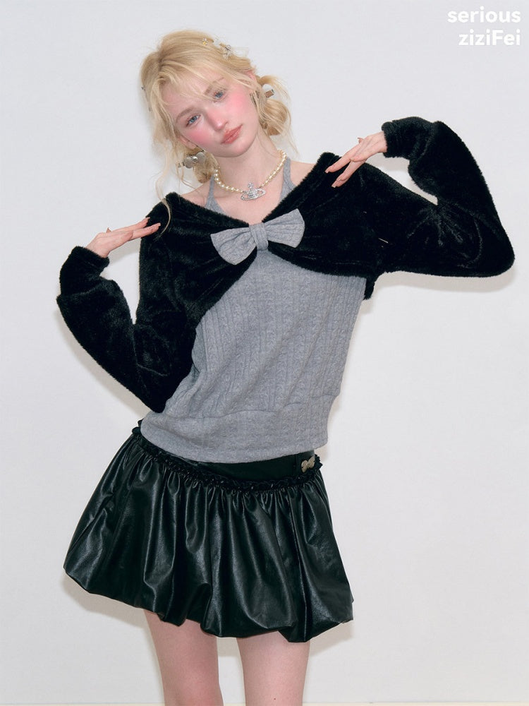 Color-Blocking Patchwork Halter Bow Black-Gray Knit Sweater【s0000018800】