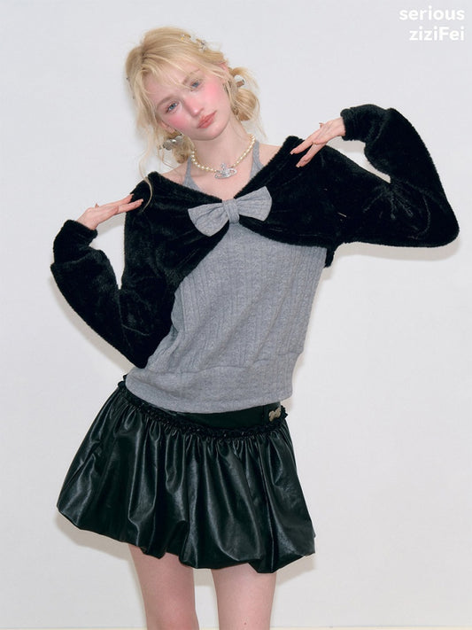 Color-Blocking Patchwork Halter Bow Black-Gray Knit Sweater【s0000018800】