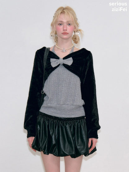 Color-Blocking Patchwork Halter Bow Black-Gray Knit Sweater【s0000018800】