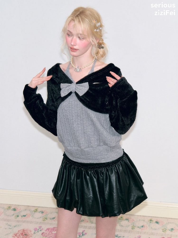 Color-Blocking Patchwork Halter Bow Black-Gray Knit Sweater【s0000018800】