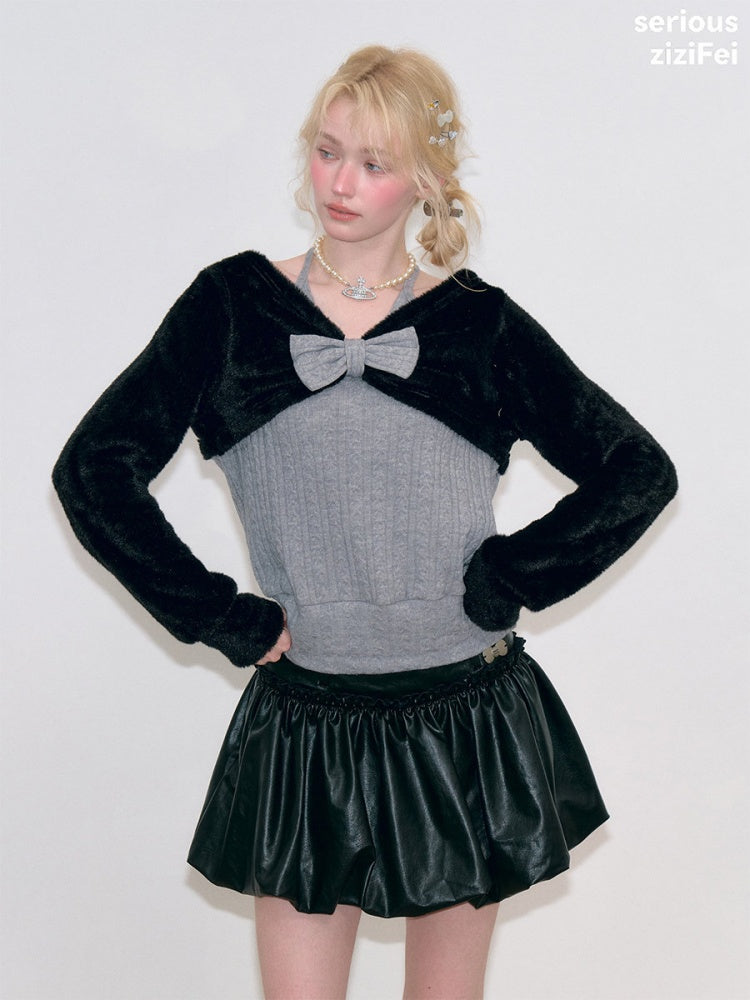 Color-Blocking Patchwork Halter Bow Black-Gray Knit Sweater【s0000018800】