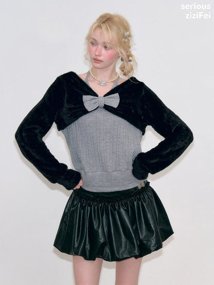 Color-Blocking Patchwork Halter Bow Black-Gray Knit Sweater【s0000018800】
