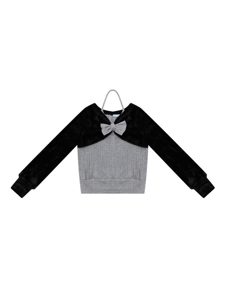 Color-Blocking Patchwork Halter Bow Black-Gray Knit Sweater【s0000018800】