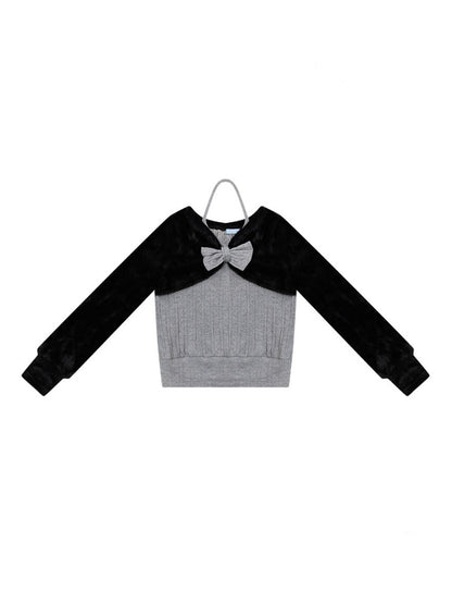 Color-Blocking Patchwork Halter Bow Black-Gray Knit Sweater【s0000018800】