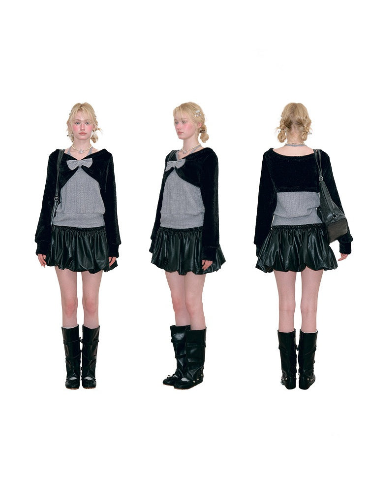 Color-Blocking Patchwork Halter Bow Black-Gray Knit Sweater【s0000018800】