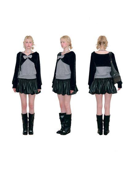 Color-Blocking Patchwork Halter Bow Black-Gray Knit Sweater【s0000018800】