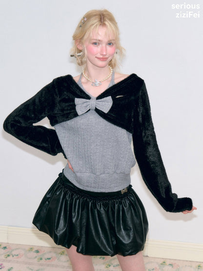 Color-Blocking Patchwork Halter Bow Black-Gray Knit Sweater【s0000018800】