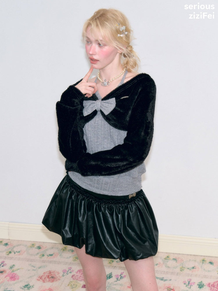 Color-Blocking Patchwork Halter Bow Black-Gray Knit Sweater【s0000018800】