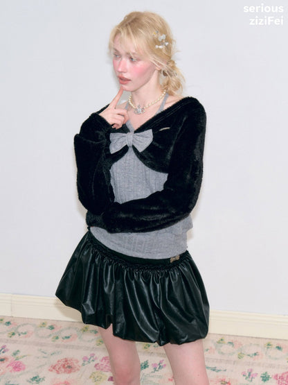 Color-Blocking Patchwork Halter Bow Black-Gray Knit Sweater【s0000018800】