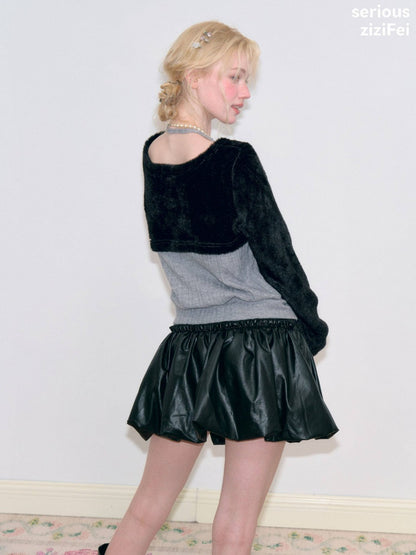 Color-Blocking Patchwork Halter Bow Black-Gray Knit Sweater【s0000018800】
