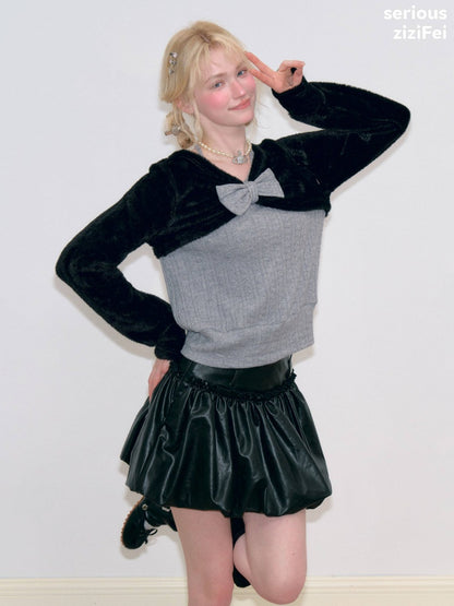 Color-Blocking Patchwork Halter Bow Black-Gray Knit Sweater【s0000018800】
