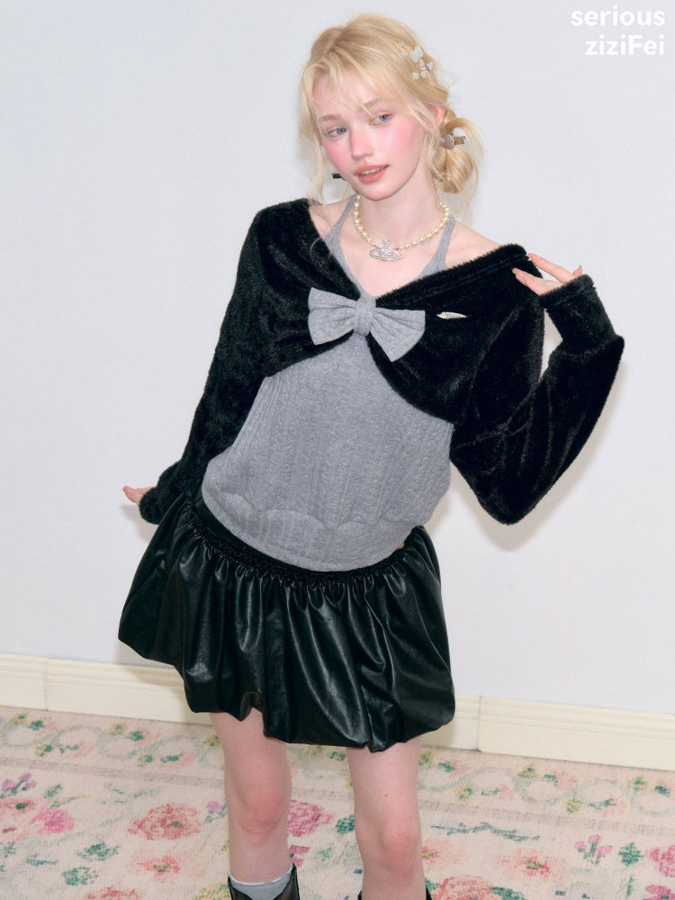 Color-Blocking Patchwork Halter Bow Black-Gray Knit Sweater【s0000018800】