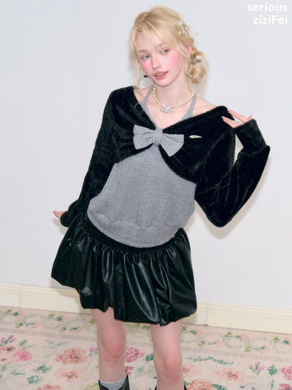 Color-Blocking Patchwork Halter Bow Black-Gray Knit Sweater【s0000018800】