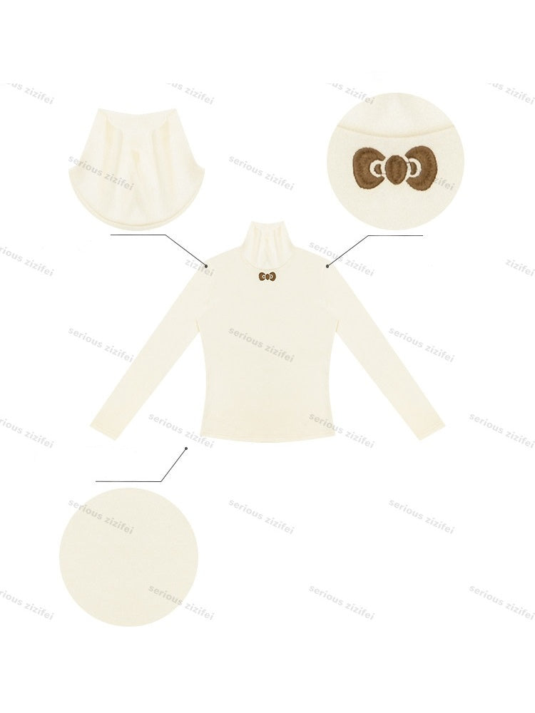 Turtleneck Ribbon Point Slimming Soft Apricot Base Knit Top【s0000018801】
