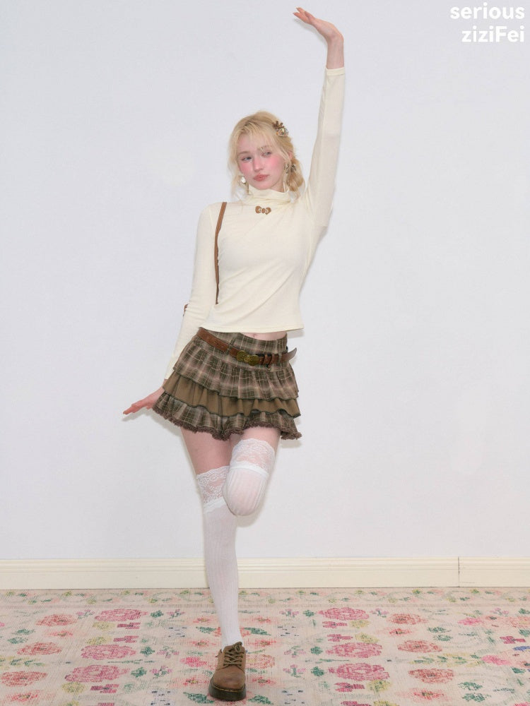 Turtleneck Ribbon Point Slimming Soft Apricot Base Knit Top【s0000018801】