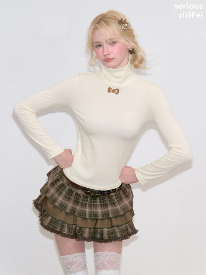 Turtleneck Ribbon Point Slimming Soft Apricot Base Knit Top【s0000018801】