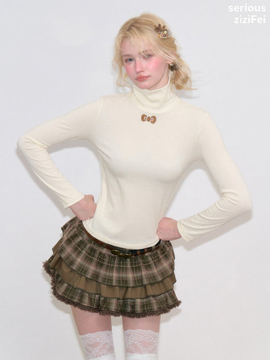 Turtleneck Ribbon Point Slimming Soft Apricot Base Knit Top【s0000018801】
