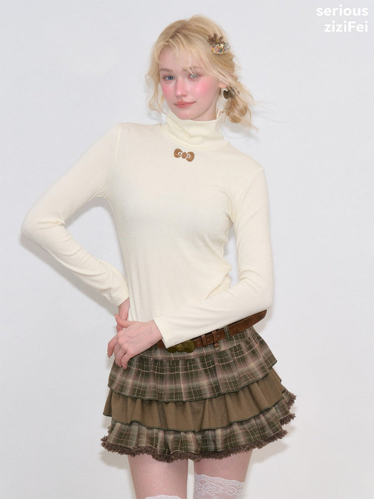 Turtleneck Ribbon Point Slimming Soft Apricot Base Knit Top【s0000018801】