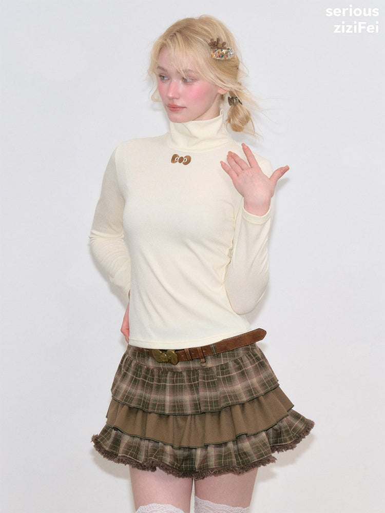 Turtleneck Ribbon Point Slimming Soft Apricot Base Knit Top【s0000018801】