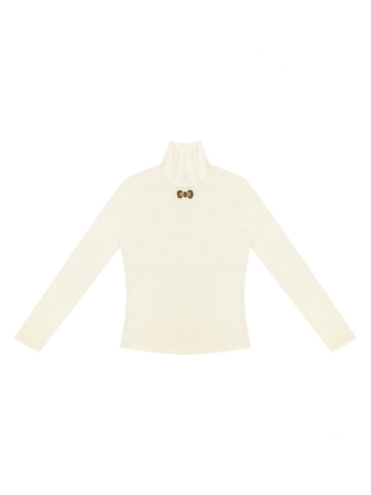Turtleneck Ribbon Point Slimming Soft Apricot Base Knit Top【s0000018801】
