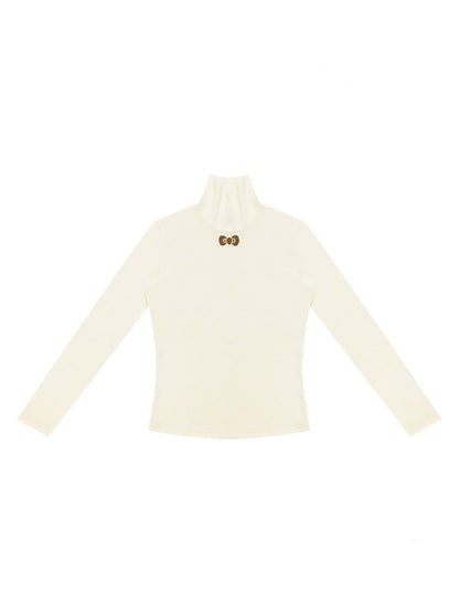 Turtleneck Ribbon Point Slimming Soft Apricot Base Knit Top【s0000018801】