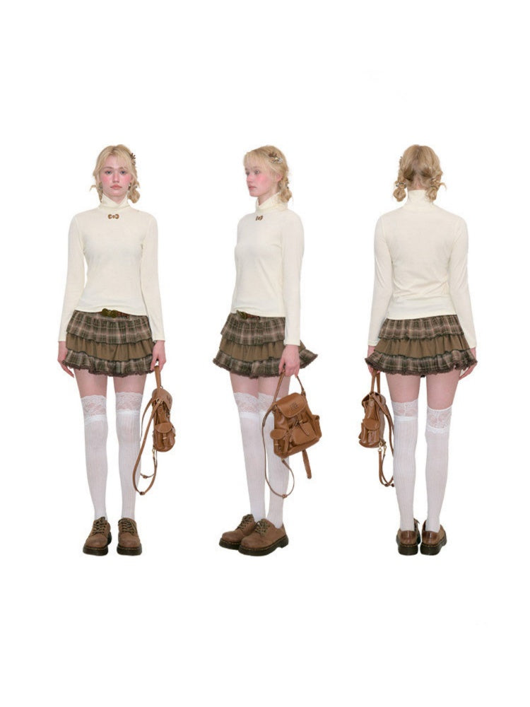 Turtleneck Ribbon Point Slimming Soft Apricot Base Knit Top【s0000018801】
