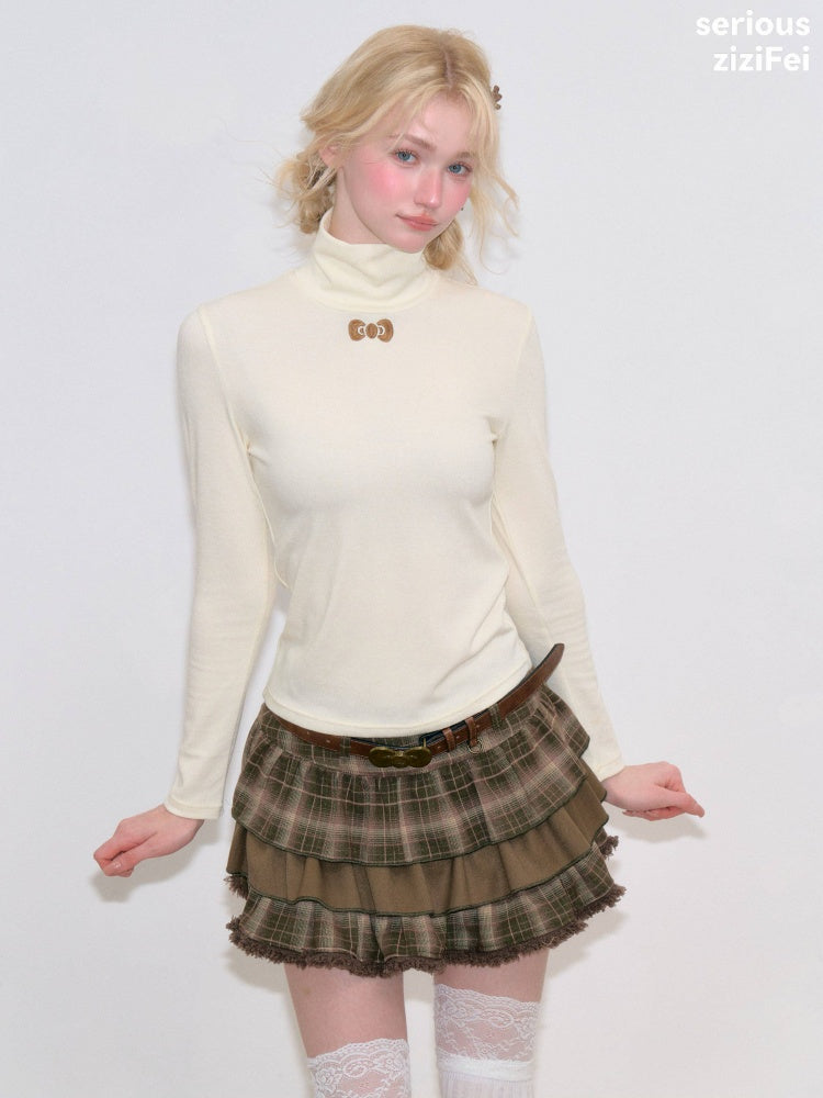 Turtleneck Ribbon Point Slimming Soft Apricot Base Knit Top【s0000018801】